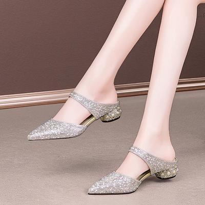 Жемчужная сумка со стразами, плоский каблук, крутые тапочки, женская летняя мода 2025, толстый каблук, низкий каблук, большой размер, ленивые полутапочки