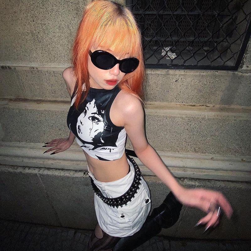 Новинка лета 2024, пуловер с круглым вырезом, без рукавов, с портретным принтом, пупок, женский топ, жилет