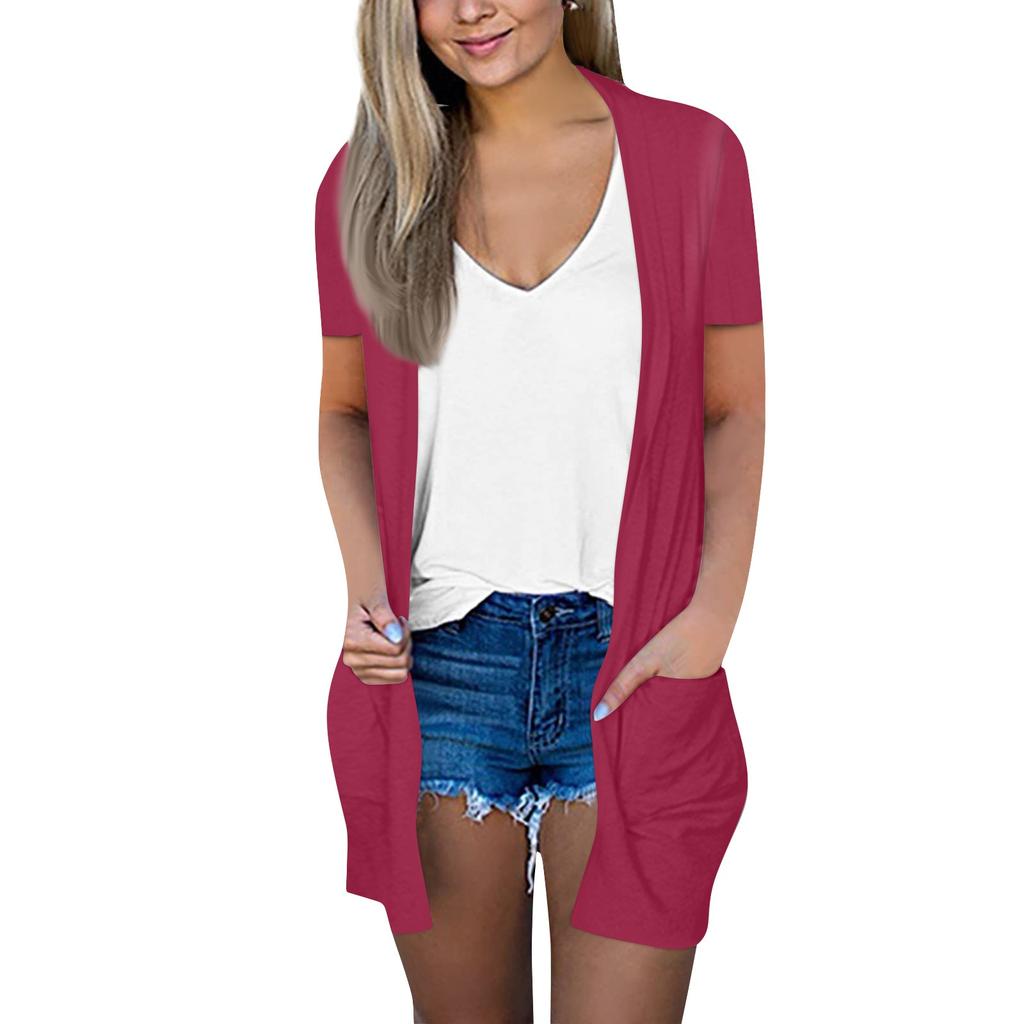 Women's Fashion Loose Casual Pocket Solid Color Cardigan Short Sleeve Jacket Top