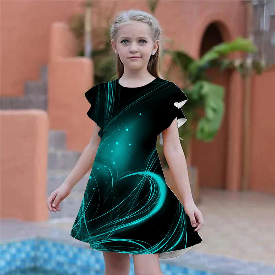 Girls Love Lines Print Dresses Kids Girl Party Dress Loose Fitting Loose Fitting Short Sleeved Skirt For Girls Over Four Years Old