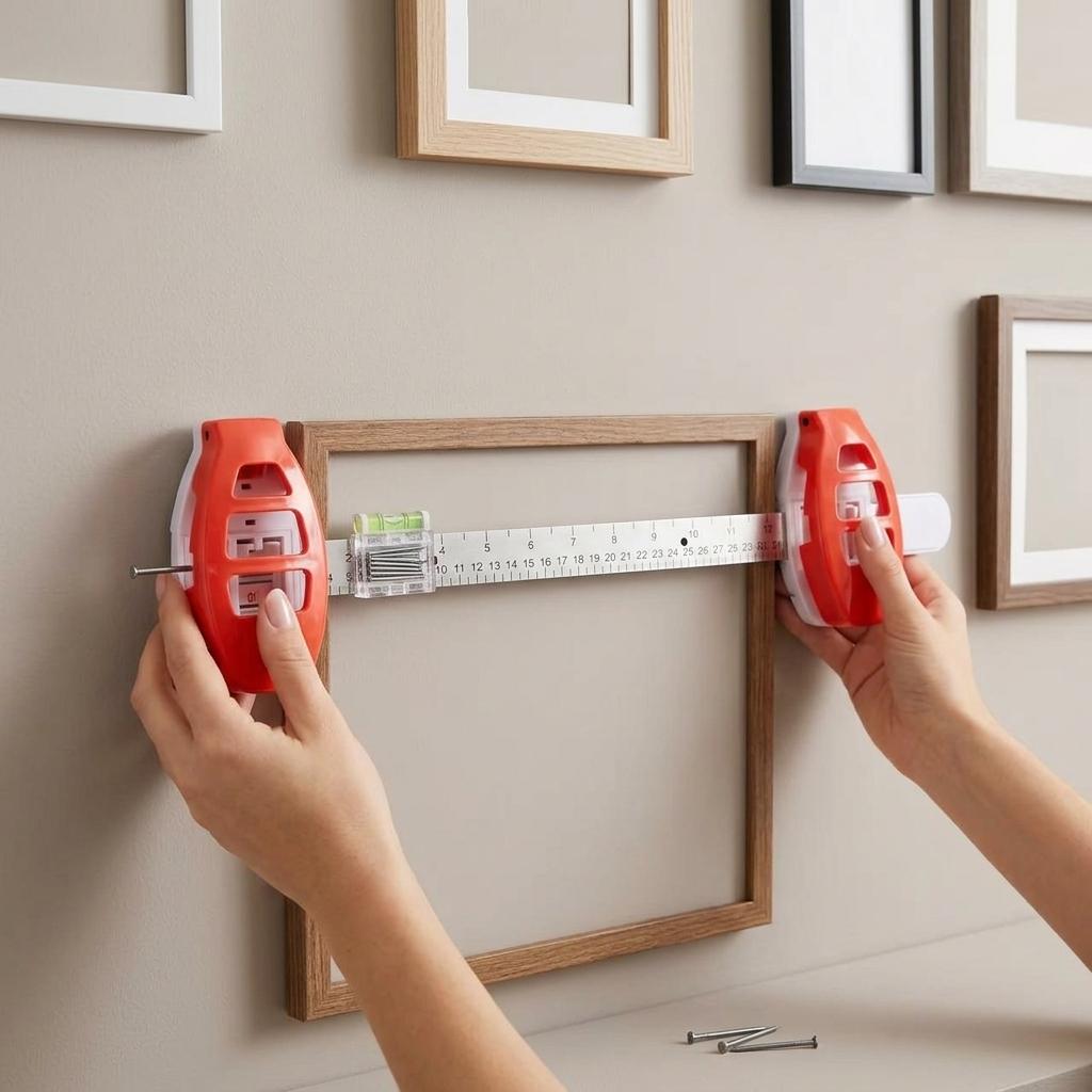 Picture Frame Hanger with Level Tool Installation Device for Wall Art Including Measuring Ruler Built-in Level and Nail Pusher
