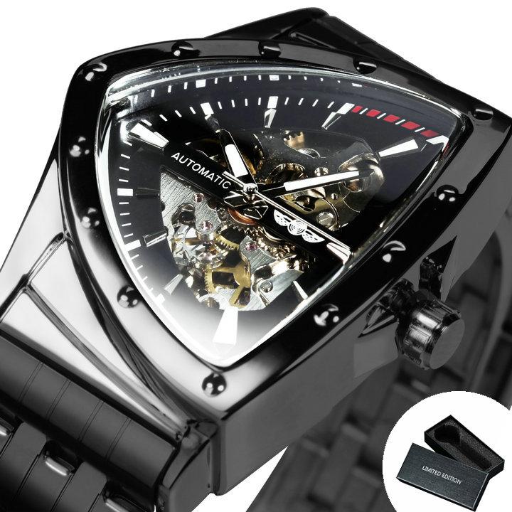 WINNER Fashion Mens Mechanical Wristwatches Luxury Brand Triangle Skeleton Automatic Watch for Men Stainless Steel Strap Watches