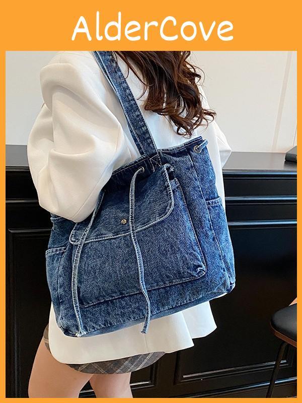 College Student Denim Shoulder Tote With Zipper Pocket And Casual Urban Design