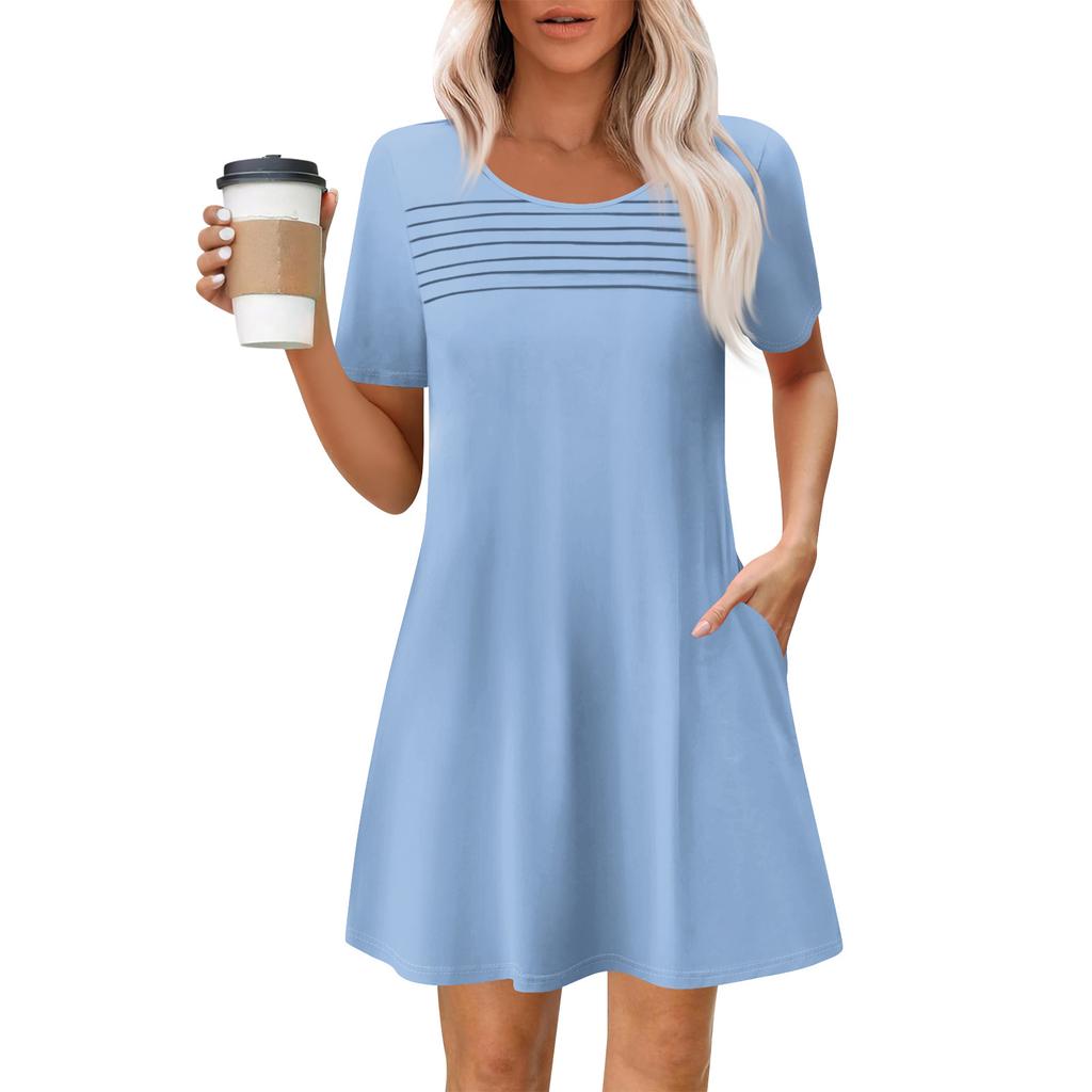 Women's Summer Casual Round Neck Pleated With Pockets Solid Color Short Sleeve Dresses