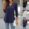Women Tops V-Neck Button Decor 3/4 Sleeve Pullover Tops Solid Color Wrinkle Tee Shirt Casual Style Daily Wear