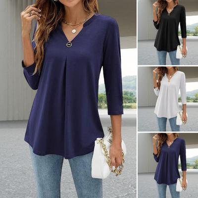 Женские топы с V-образным вырезом, декором на пуговицах, рукавом 3/4, однотонные футболки с эффектом морщин, повседневная одежда в стиле кэжуал