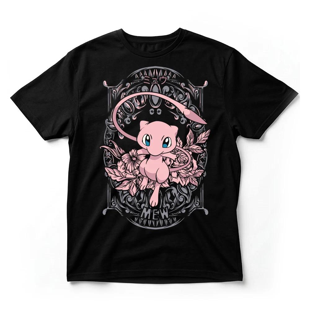 Mew TShirt Pokemon Legendary Psychic Type Anime Floral Gothic Graphic Tee Black