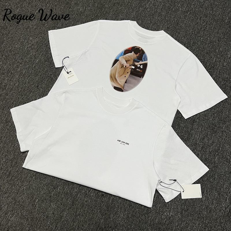 RogueWave Футболка с коротким рукавом в американском стиле с принтом Мужская Женская Приталенная Круглый вырез Топ Повседневная Хлопковая Базовая для Ежедневной Носки