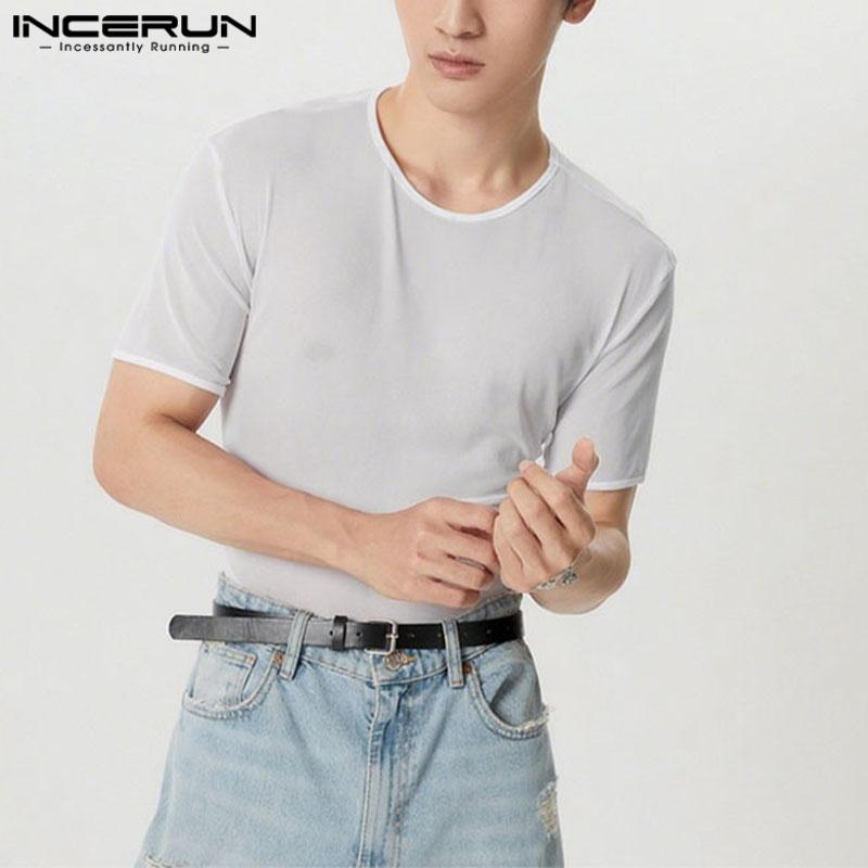 INCERUN Мужские сетчатые прозрачные топы с коротким рукавом для пляжной вечеринки, просвечивающие футболки