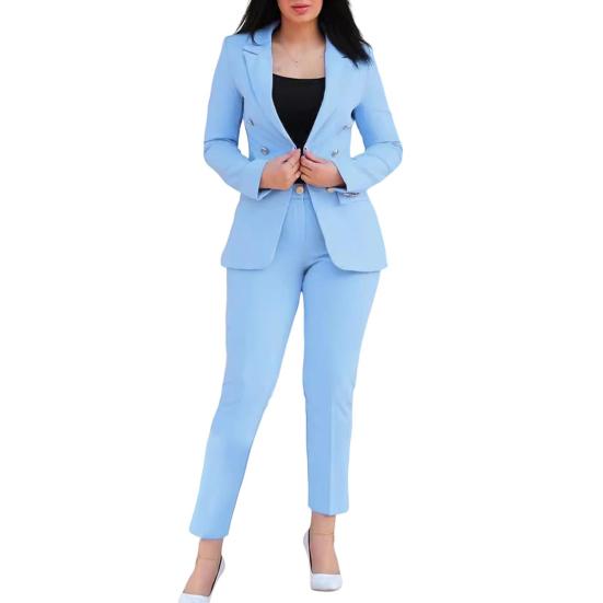 2 шт./комплект женский деловой пиджак брюки комплект отложной воротник двубортный пиджак с длинными рукавами облегающий однотонные брюки повседневная одежда для поездок на работу