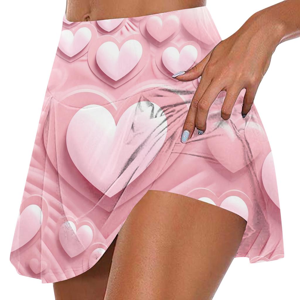 Женская мода с принтом на День Святого Валентина, повседневная спортивная фитнес-беговая йога, теннисная юбка, плиссированная короткая юбка, шорты, полуюбка