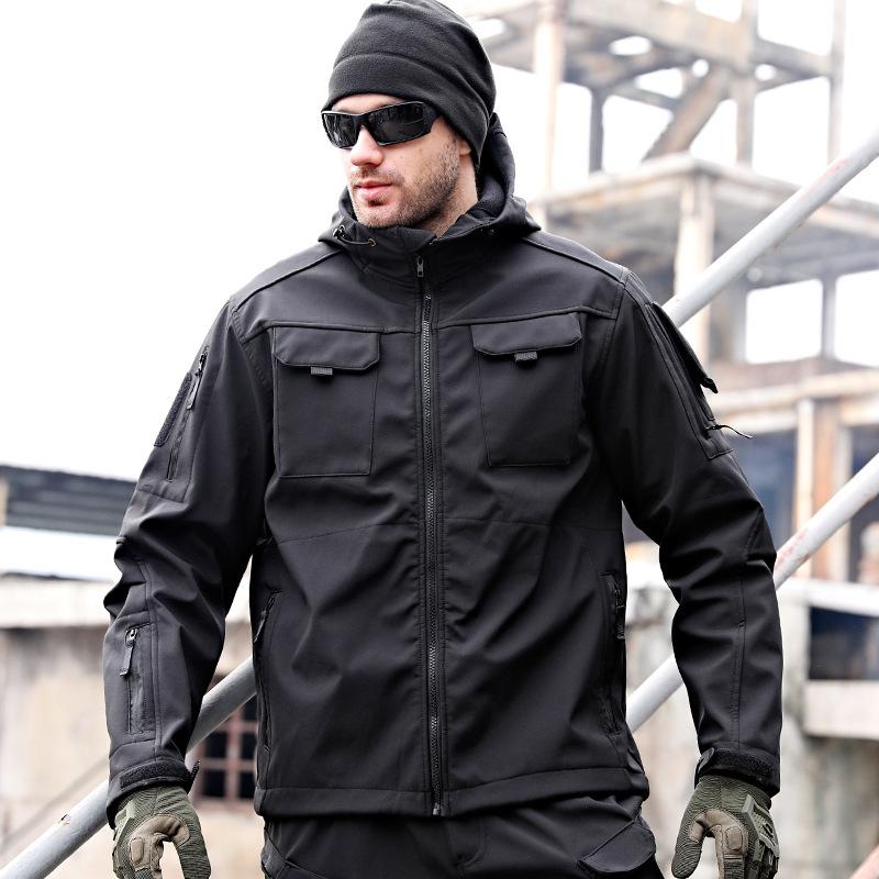 Windbreaker Work Wear Soft Shell Multi-pockets Jackets Men Outdoor Waterproof Hood Motorcy Tops Winter Plus Size