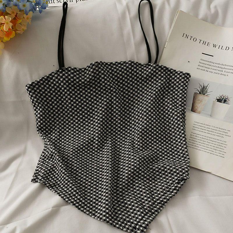 Летний короткий топ в клетку с открытым пупком, женский новый стиль, милый жилет внутри