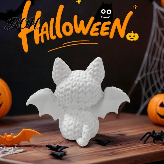 Bat Cat Ornament Festive Halloween Ornament, Knitted Texture Design Figure, Childlike Style Decor Mini Size Sculpture for Party Desk Shelf White
