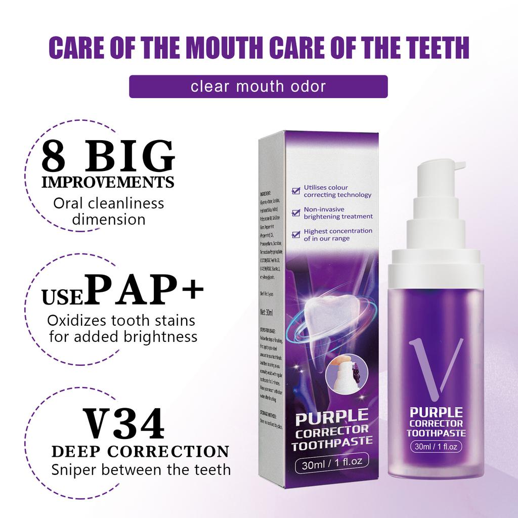 Отбеливающая зубная паста Фиолетовый корректор Уменьшение пожелтения Удаление пятен на зубах Чистая гигиена полости рта Свежее дыхание Отбеливающий зубы мусс