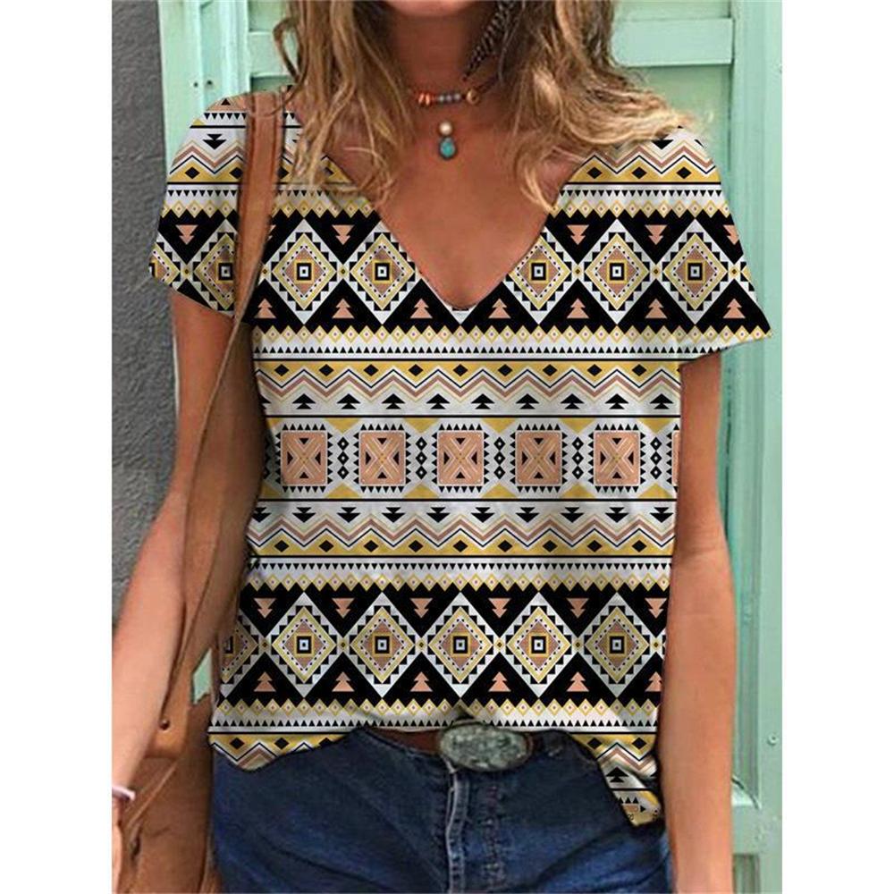 Geometric Graphics 3D Print T-Shirts Women Ethnic Style Vintage Streetwear T Shirt Y2k Tops Woman V-Neck Tees Oversized Clothing