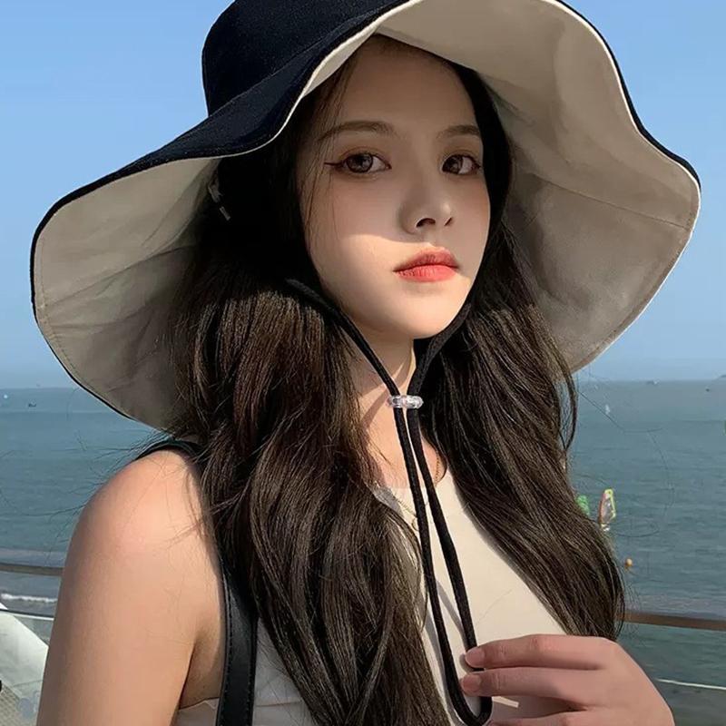 1Pc Summer Big Brim Sun Hat For Female Seaside Sun Protection Uv Beach Cap Double Sided Sun Hat Fisherman Hat W Windproof Rope
