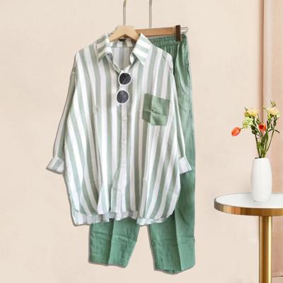 Женский комплект из 2 шт./компл., рубашка, брюки, одинаковый цвет, полосатый нагрудный карман с принтом, однобортная блузка с длинными рукавами и лацканами, комплект свободных брюк с эластичной резинкой на талии