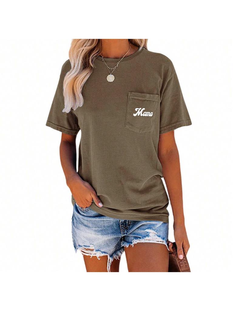 Women's Letter Print Crew Neck T-Shirt Short Sleeve Loose Basic Tee with Pocket