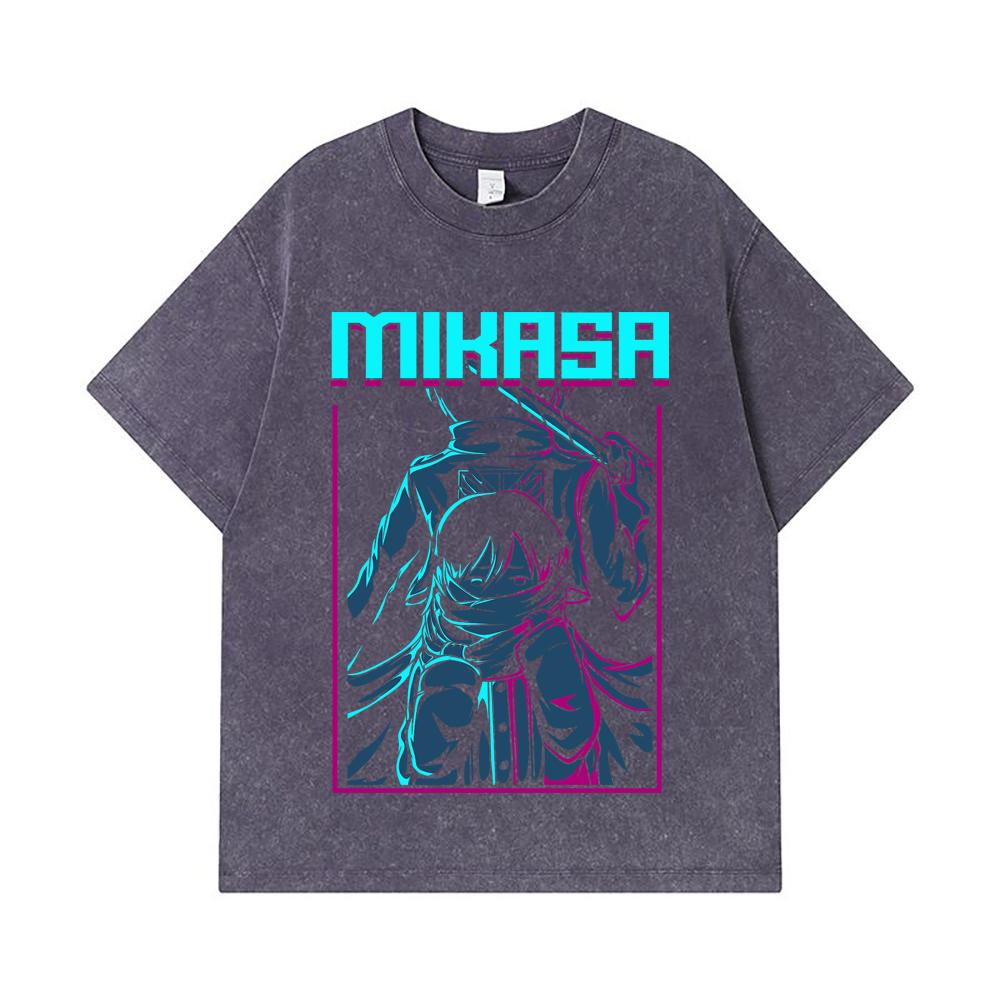 275 GSM Washed T-shirts 100% Cotton Attack on Titan V6 Mikasa Print Unisex Heavy Cotton T Shirt