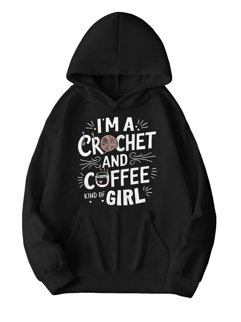 Women's I'A Crochet& Coffee Graphic Hoodie Fleece Pullover with Front Pockets, Geometric Print, Washable Casual Fall Winter Sweats