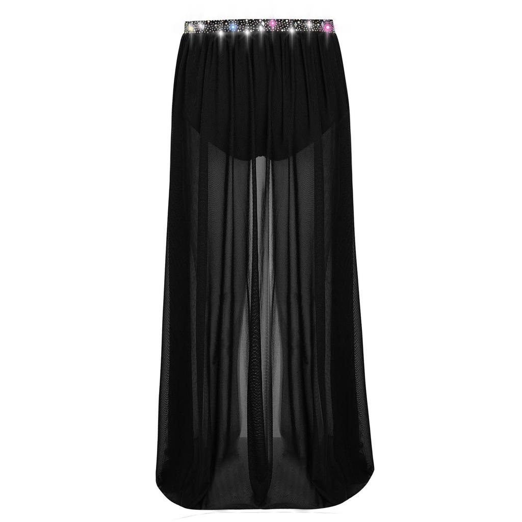 Complete Stage Look Skirt for Girls: Sparkling Rhinestone Accent on Flowy Sheer Mesh, Includes Secure Built-in Shorts