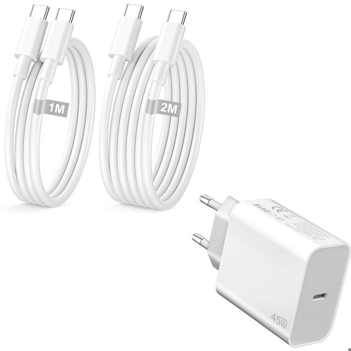 45W USB-C Fast Charger - Compatible Samsung S25 Ultra/S25 Edge/S25+/S25 FE - 1m/1.8m Cables - White