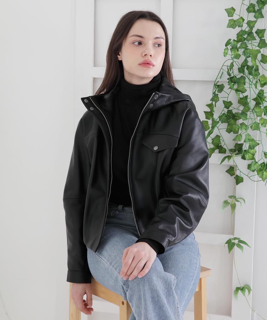 COLORZ NEW YORK Hooded Leather Crop Jacket_Bk