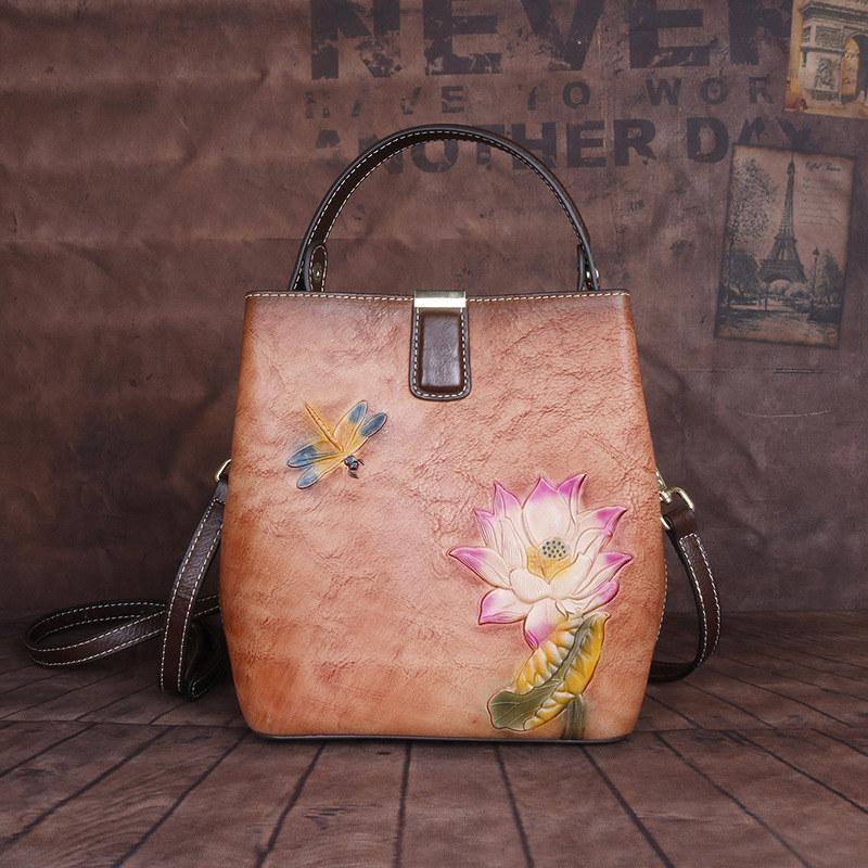 Vintage Flower Embossing Mini Shoulder Bags for Women Fashion Crossbody Bag Genuine Leather Bucket Bag Phone Bags Purse GZW