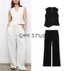Women's Spring Clothing Pleated Wide Leg Mid Waist Pants 9123045 Asymmetric V Neck Vest Jacket 3811047