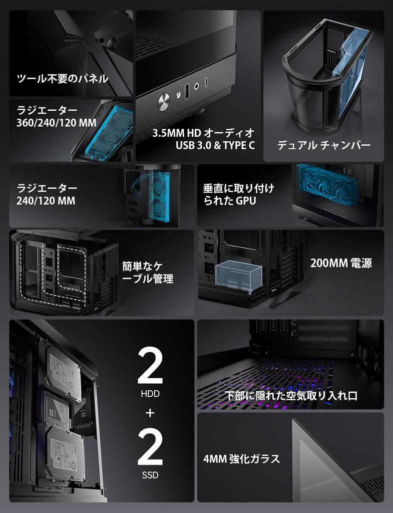 AsiaHorse ATX PC Case Mid Tower Dual Chamber Full View Tempered Glass Gaming PC Case Port 360mm Radiator Support Compatible with RTX 40 High Airflow