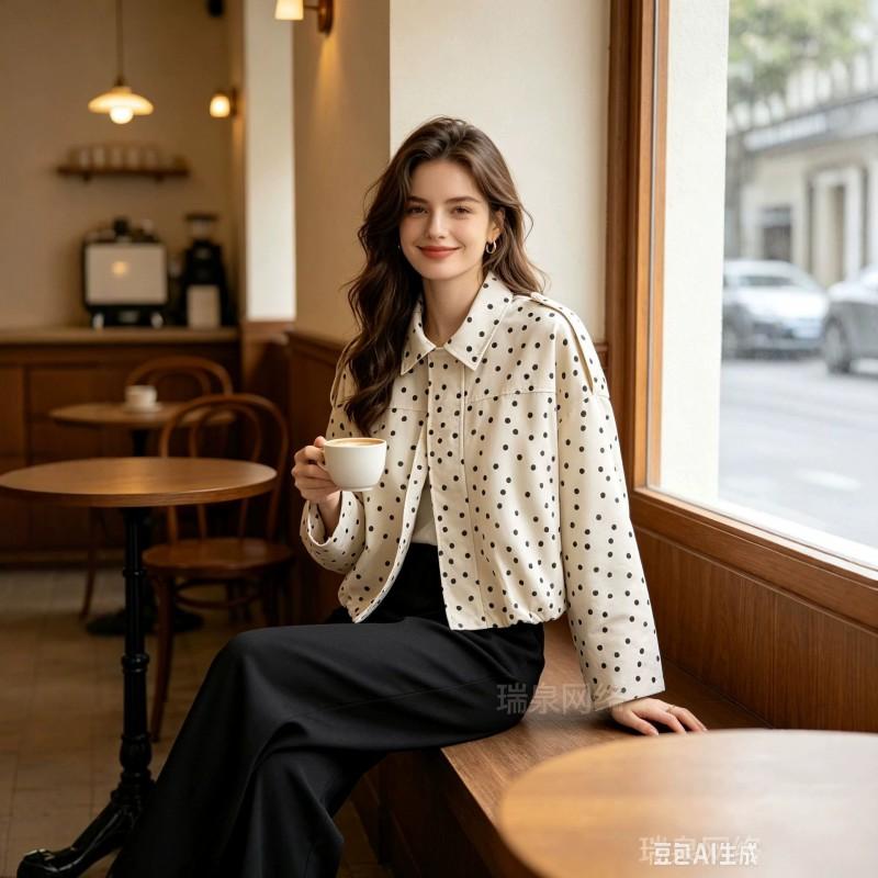 ZA Womens 2026 Fall Polka Dot Jacket Slim Fit Versatile Casual Outerwear
