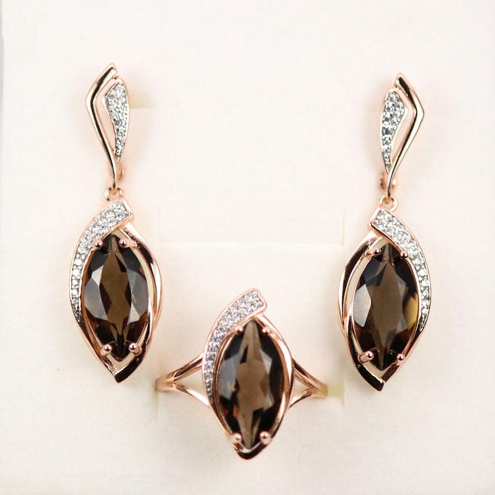 Bolaijewelry 925 Sterling Silver Ring Earrings Jewelry Set Natural Smoky Quartz Mq8*16mm Gemstone Fine Jewelry for Anniversaries Party