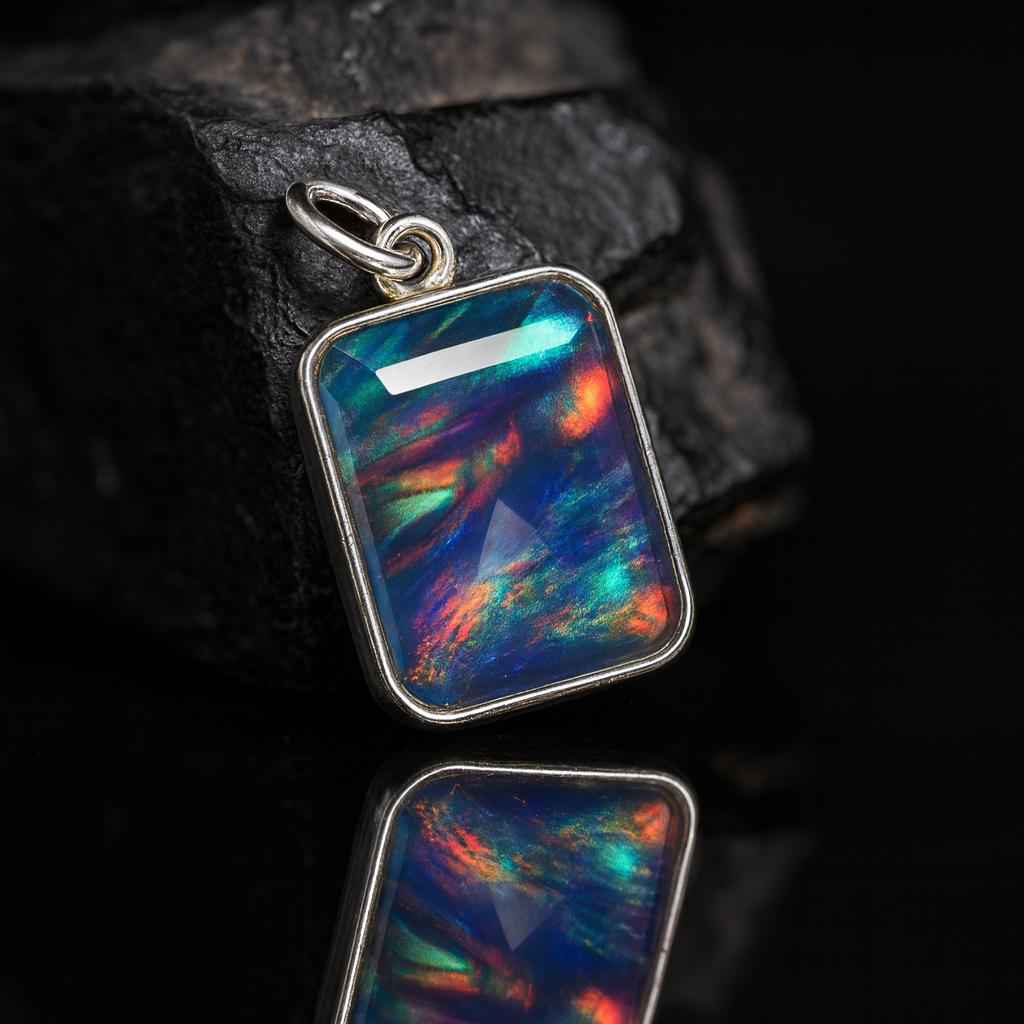 23.25 Ct Aurora Fire Opal Checker Emerald Certified 925 Sterling Silver Pendant