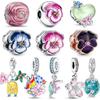 Trendy Sterling Silver Pink Pansy Flower Charm Fit Original Bracelet 925 Silver Blue Butterfly Charm Fine Jewelry Gift