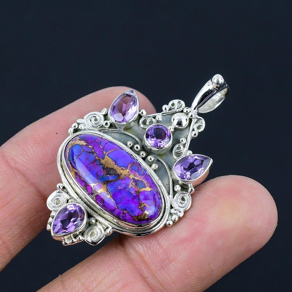 Подвеска из натурального фиолетового медного бирюзового камня, серебро 925 пробы, крошечный драгоценный камень аметист, подвеска ручной работы, ювелирный подарок на День святого Валентина