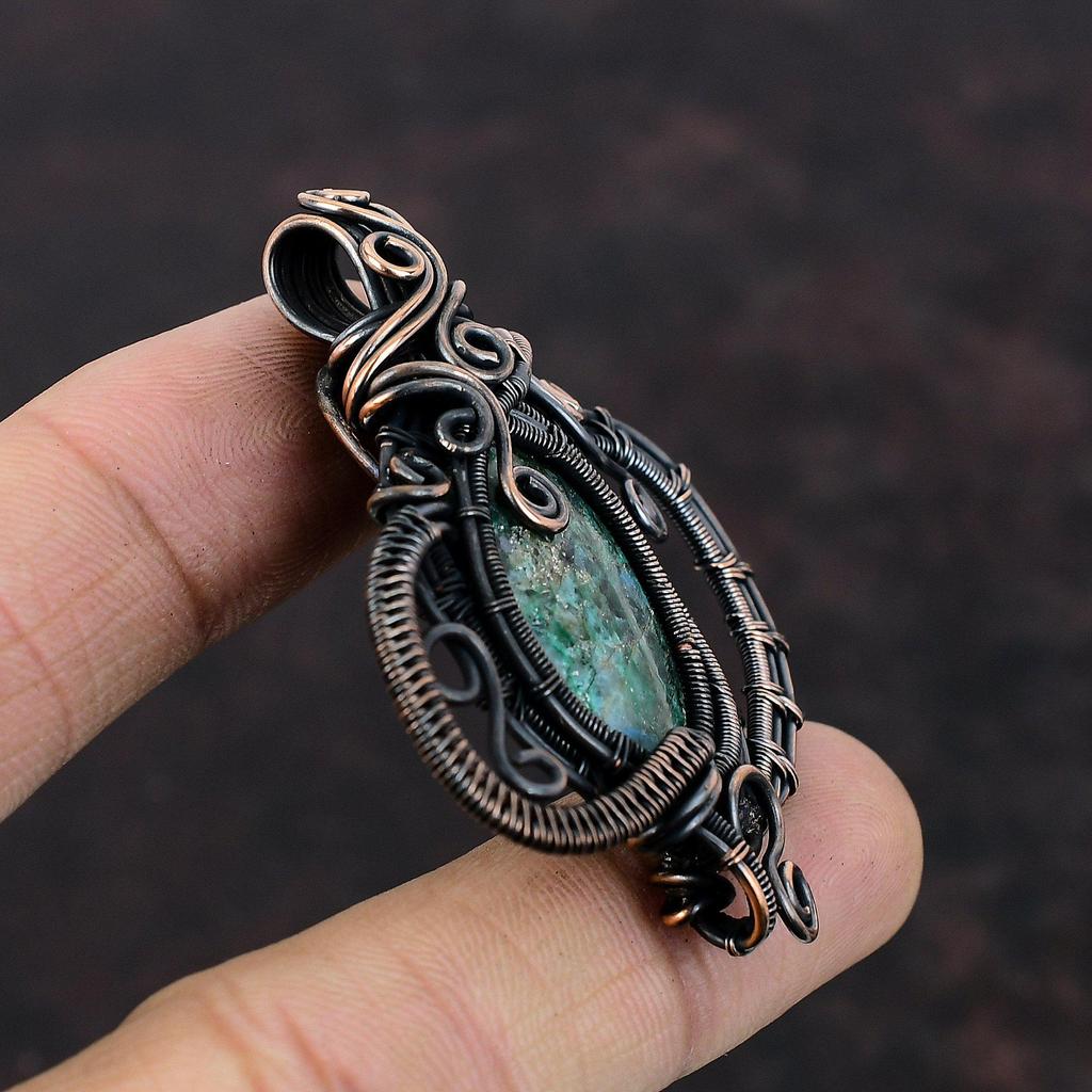 Кулон из хризоколлы, кулон из медной проволоки, кулон с драгоценным камнем, красивые медные украшения, кулон ручной работы, ювелирный подарок для мамы