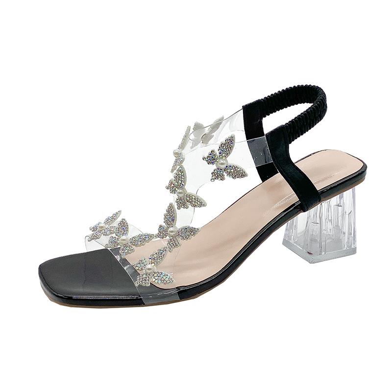 Модные женские босоножки со стразами 2025 Летняя мода Универсальная уличная женская обувь на высоком каблуке Элегантная женская обувь большого размера для официальных мероприятий