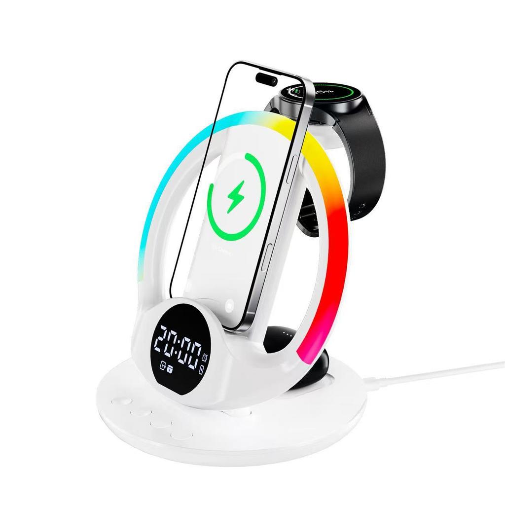 6-in-1 Wireless Charger with RGB Ambient Light & Alarm Clock Station for Iphone/Samsung Phone, iWatch/Galaxy Watch, AirPods/Buds