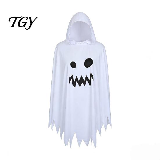 Black And White Ghost Cloak Halloween with Hood, Loose Fit Irregular Hem Costume Hooded Cape for Cosplay Party, Spooky Pullover Kids Adults