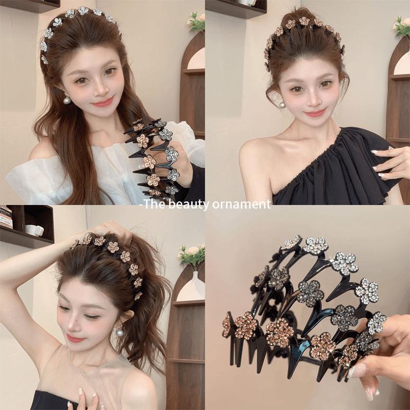 Korean Rhinestone Floral Wave Headband: Women's Frizz Control, High Skull Top, Wash Face Clip, Hair Tie
