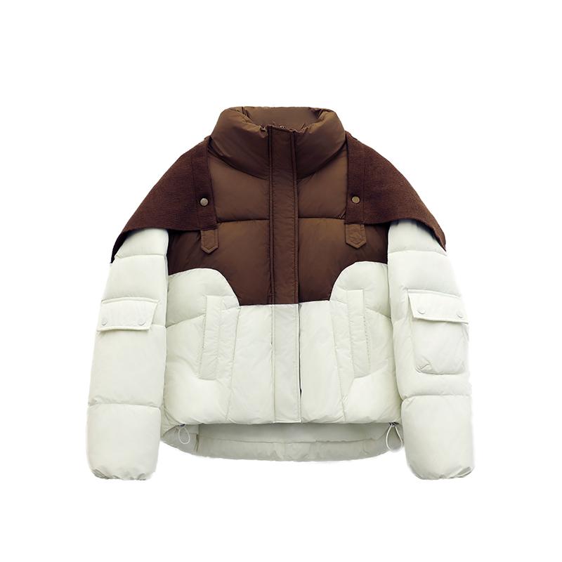 Korean Style Loose Fit Knit Poncho Collar Down Jacket with Color Block for Autumn Winter Women