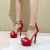 Женские босоножки с надписью New Summer Fashion, красные пикантные красные туфли на высоком каблуке-шпильке с цепочкой, каблук-шпилька 13 см, платформа 3 см, LFD