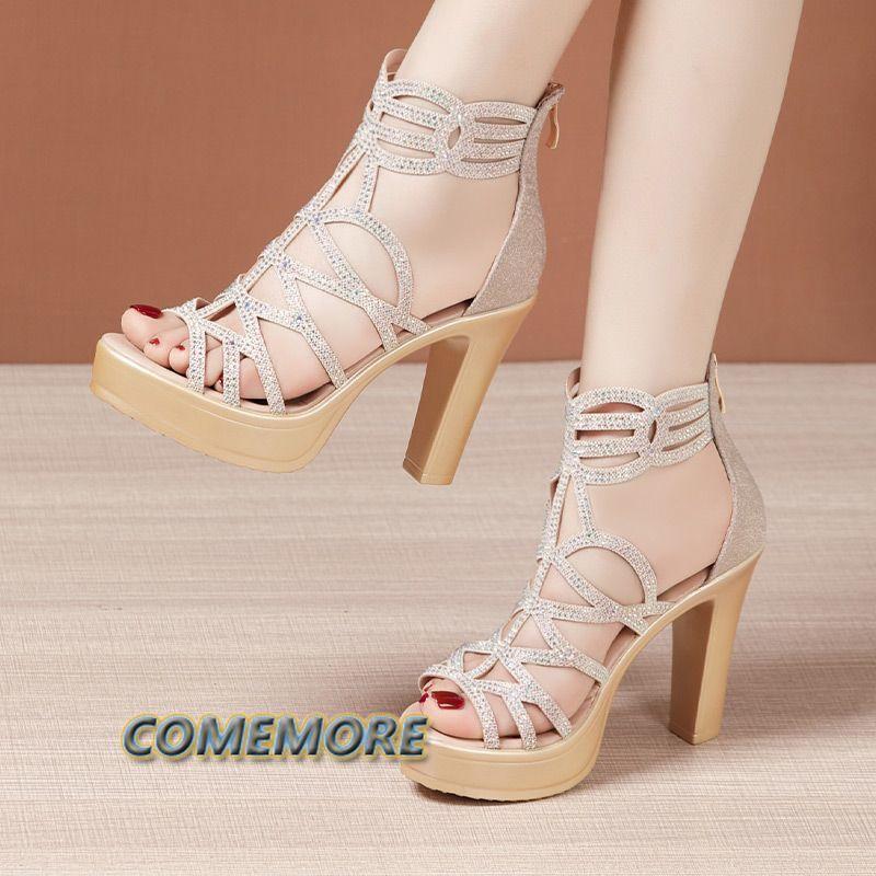 Большой размер 33-43 Элегантные хрустальные свадебные туфли Женские босоножки на платформе 2024 Лето Блочный высокий каблук 10 см Сандалии-гладиаторы Черные