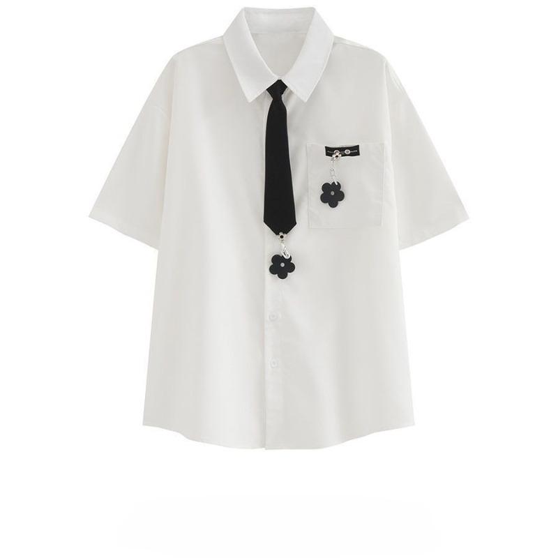 Однотонные рубашки с коротким рукавом для женщин, рубашка в американском ретро-стиле колледжа с галстуком, летние топы с лацканами на одной пуговице