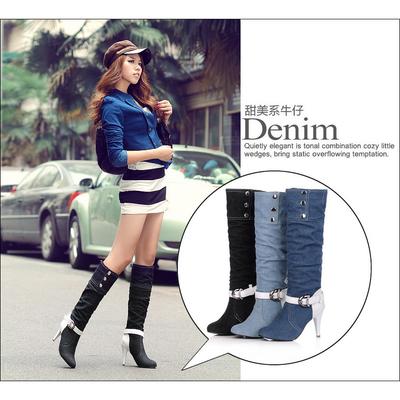 Размер ПУ + Джинсовые Ботильоны на Высоком Каблуке Ботинки