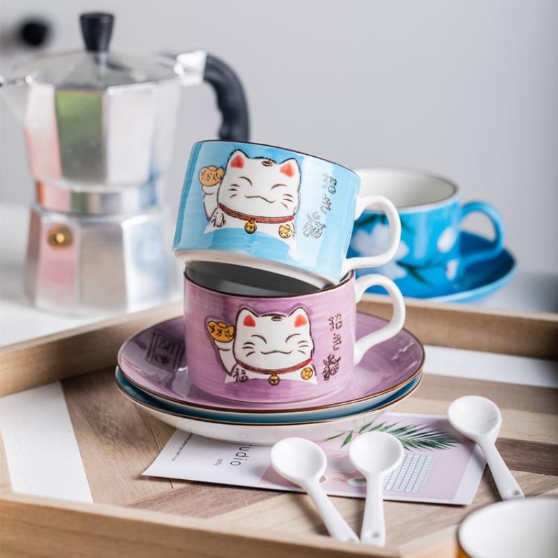 Кофейная чашка, посуда для воды, тарелка с блюдцем и ложкой Lucky Cat, подарочная коробка, японская зеленая ручка, мультяшная посуда для чая, домашняя кухонная утварь