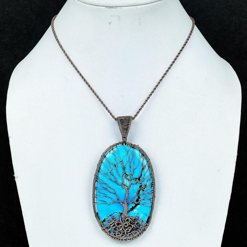 Tree Of Life Turquoise Pendant, Handmade Gemstone 999 Copper Wire Wrap Pendant Antique Jewelry, For Gift Copper Jewelry