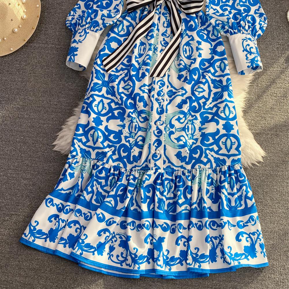Осеннее модное богемное длинное макси-платье с геометрическим цветочным принтом, женское платье из поплина с воротником-фонариком и рукавами-фонариками на шнуровке, отпускные платья