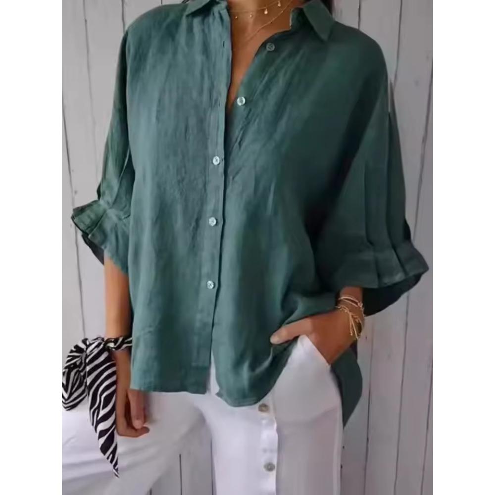 Новые женские рубашки из хлопка и льна, элегантные рубашки со шнуровкой сзади, однотонные повседневные рубашки, весна-лето, лацканы, блузка с коротким рукавом, свободные топы